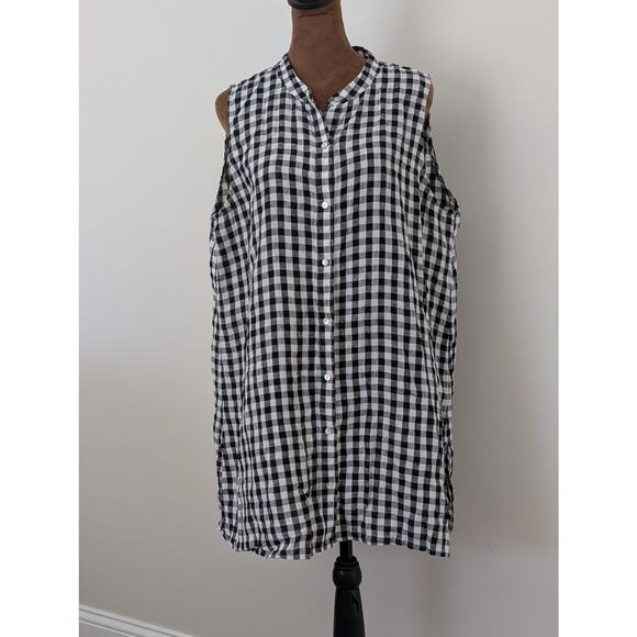 Eileen Fisher Organic Linen Gingham Tunic Shirt Large Black White Coastal - Picture 2 of 8